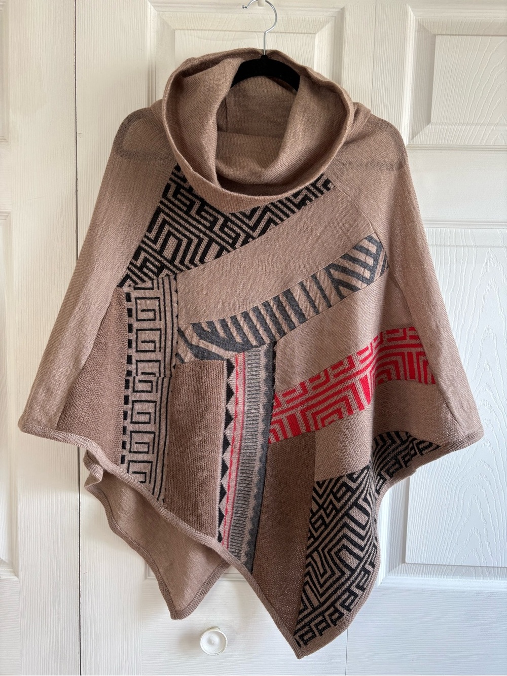 Jacqueline Munoz Tan Beige Aztec Geo Print Sweater Poncho Lagenlook Alpaca OS